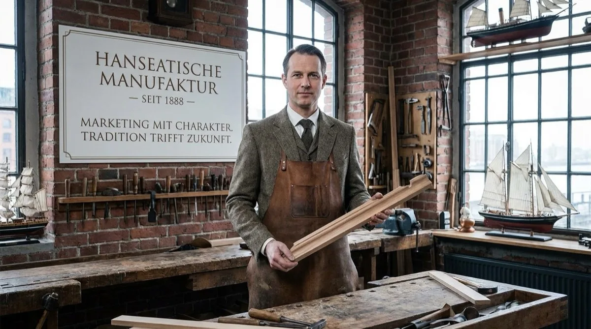 Bauunternehmer in Tweed-Jacke und Leder-Werkstattschürze in einer hanseatischen Manufaktur-Werkstatt, Schild: Tradition trifft Zukunft, Sinnbild für Marketing für Bauunternehmen