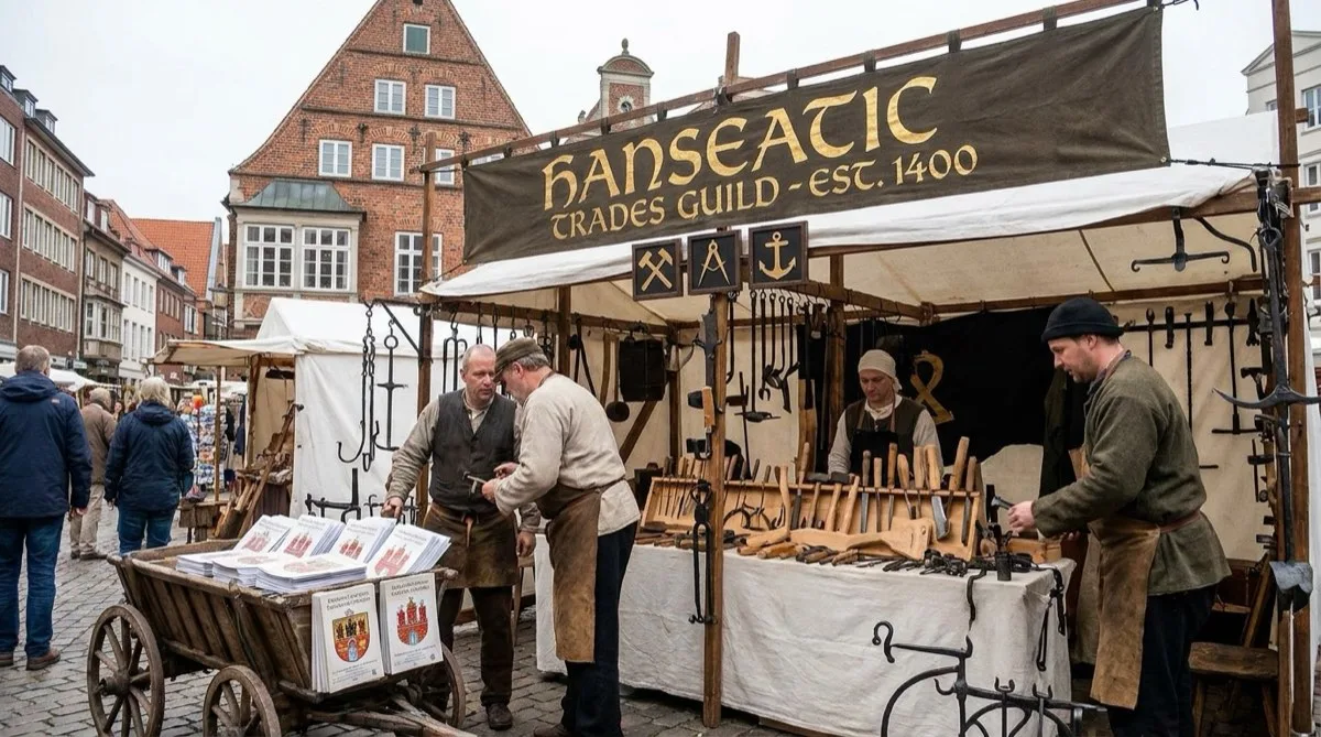 Handwerker-Marktstand der Hanseatic Trades Guild, gegründet 1400: Werkzeuge und Broschüren werden an Kundschaft weitergegeben, Sinnbild für Wissensweitergabe und Zunft-Tradition