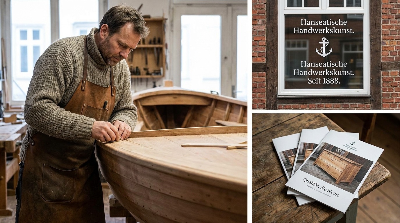 Bootsbauer in traditioneller Werkstatt fertigt ein Holzboot, gerahmt von einem Fenster mit Aufschrift Hanseatische Handwerkskunst seit 1888, Sinnbild für praxisnahes Können statt Theorie