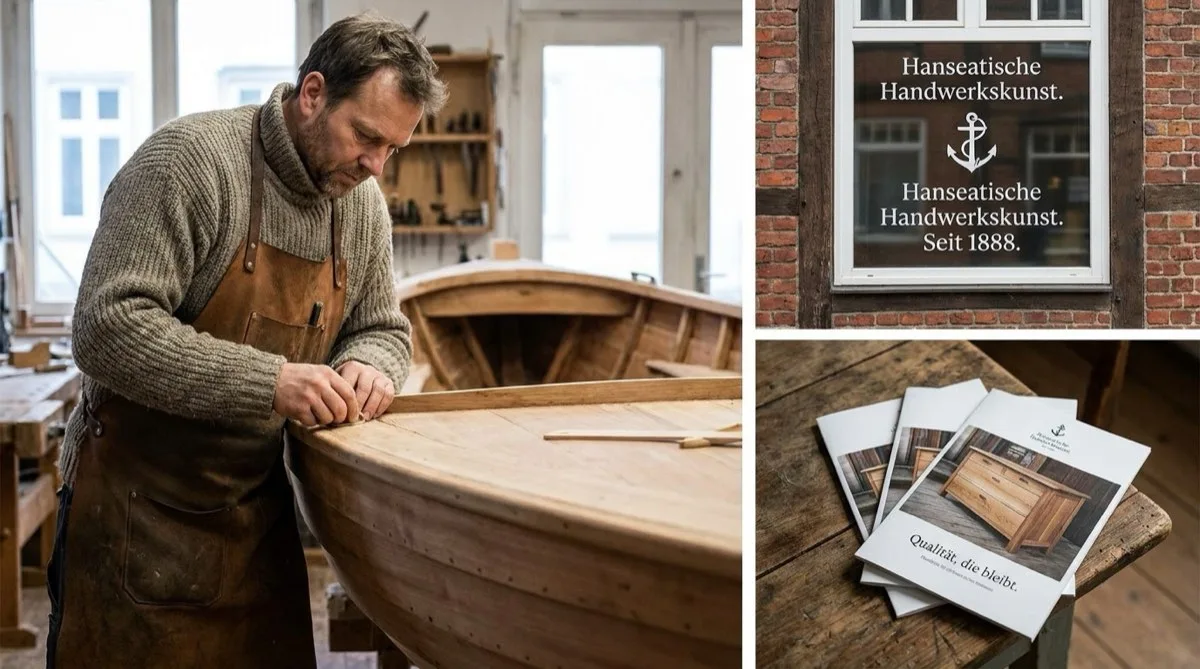 Bootsbauer in traditioneller Werkstatt fertigt ein Holzboot, gerahmt von einem Fenster mit Aufschrift Hanseatische Handwerkskunst seit 1888, Sinnbild für praxisnahes Können statt Theorie