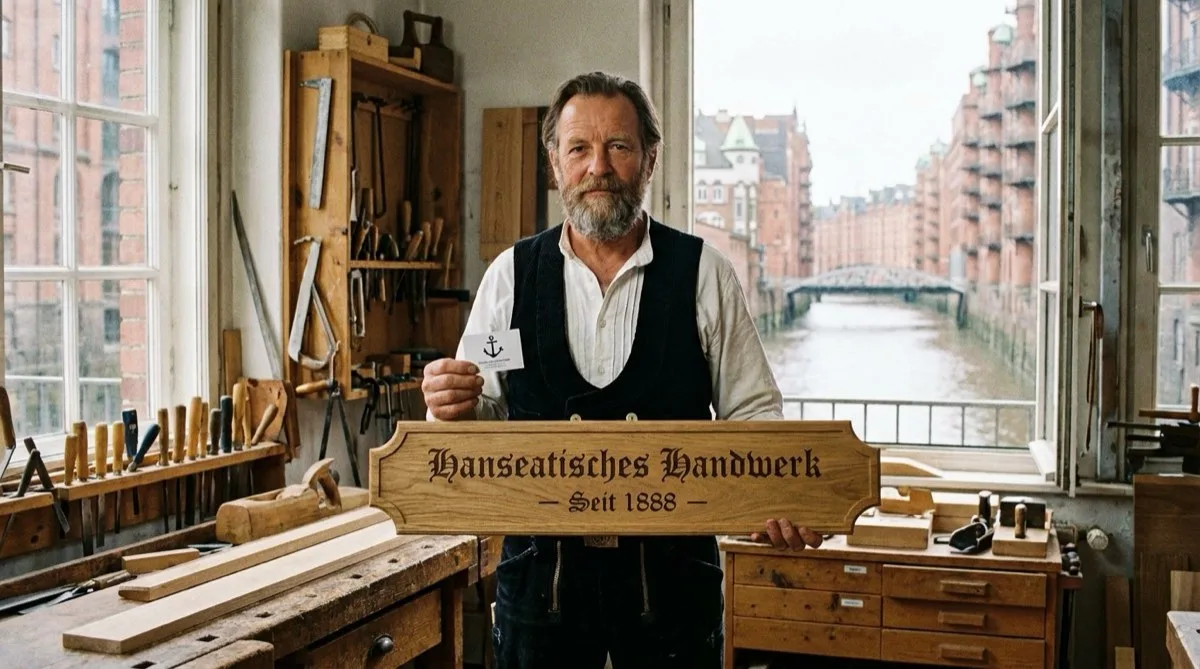 Handwerksmeister in traditioneller Werkstatt mit Blick auf die Hamburger Speicherstadt, hält ein Holzschild mit der Aufschrift Hanseatisches Handwerk seit 1888, Sinnbild für weitergegebenes Können und Zunft-Tradition