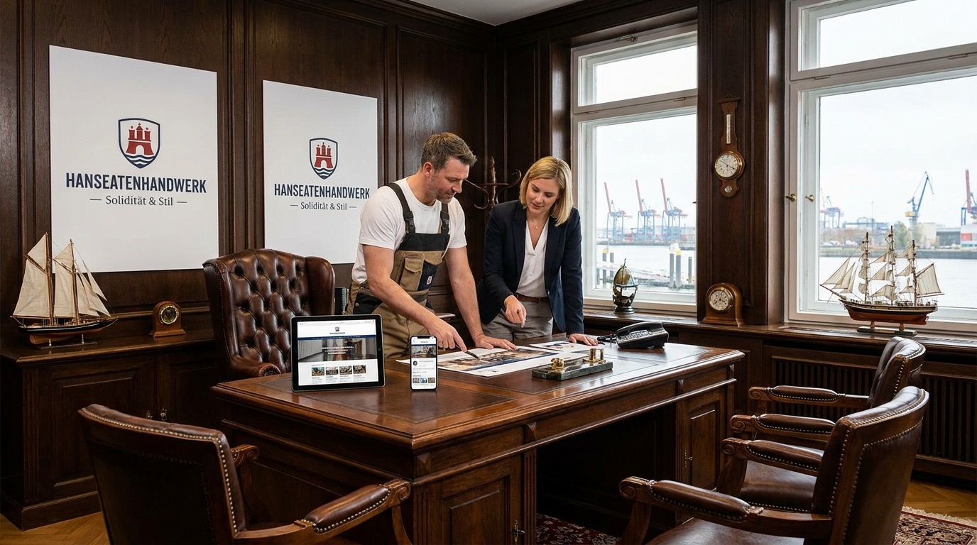 Marketing-Beraterin zeigt einem Handwerksmeister im Kontor mit Hafenblick die neue Website auf dem Tablet