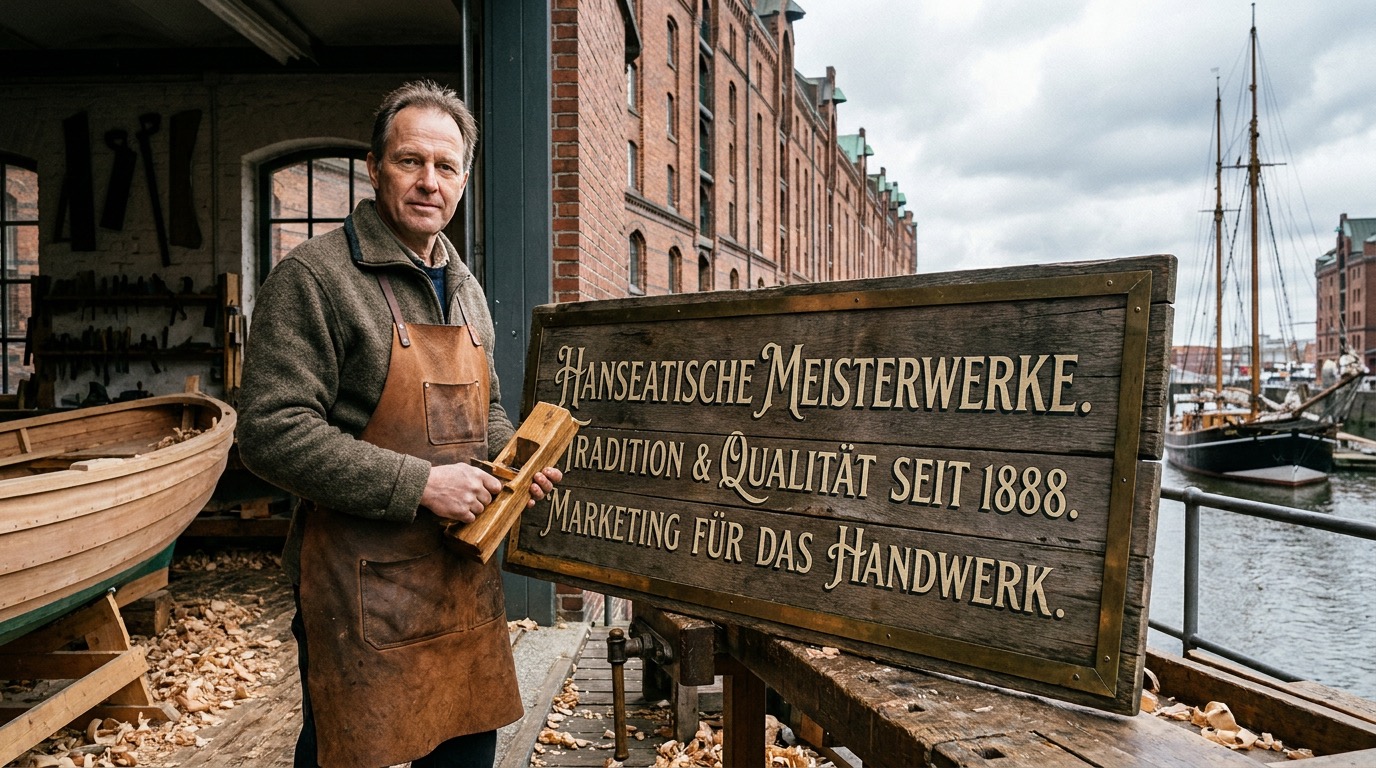 Handwerksmeister mit eingraviertem Schild Marketing für das Handwerk vor der Speicherstadt in Hamburg