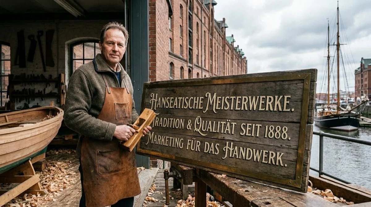 Handwerksmeister mit eingraviertem Schild Marketing für das Handwerk vor der Speicherstadt in Hamburg