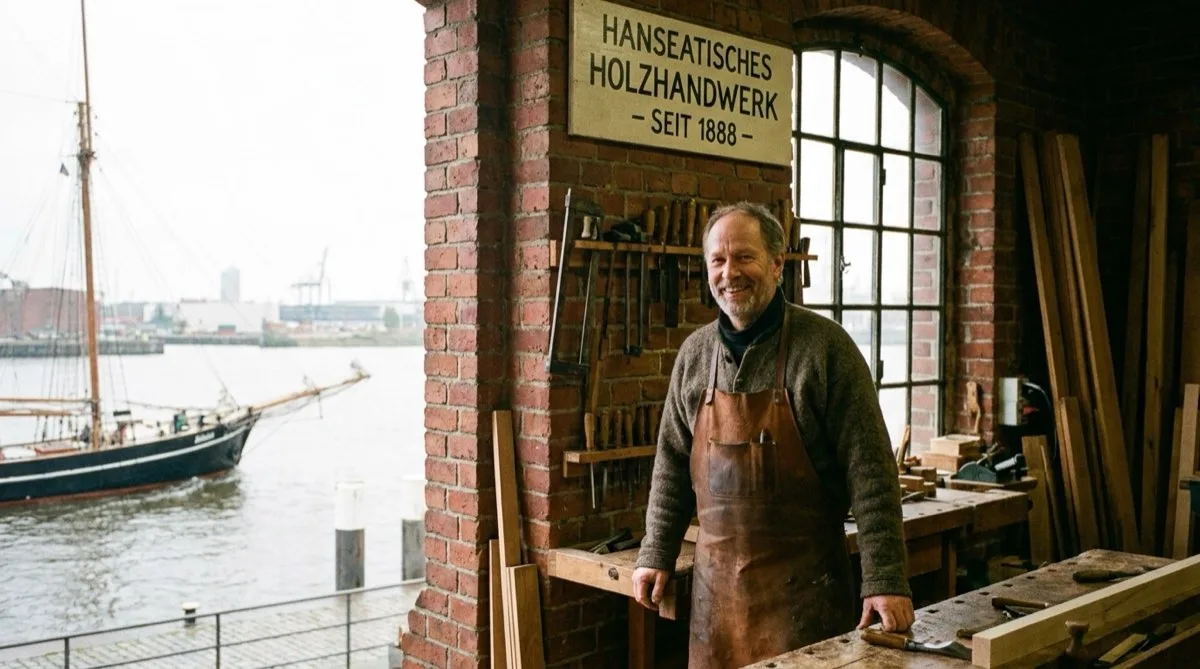 Handwerksmeister lächelt zufrieden in seiner Werkstatt an der Speicherstadt mit Blick auf ein Segelschiff