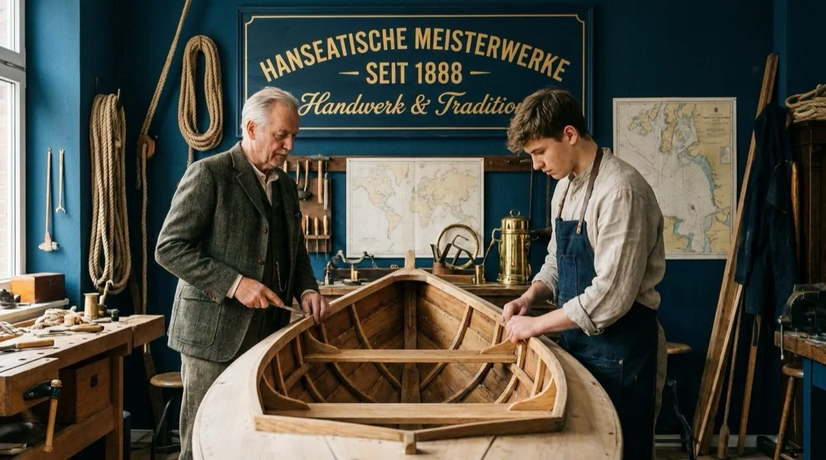 Bootsbau-Meister zeigt einem jungen Auszubildenden den Bootsbau in einer Werkstatt mit dem Schild Hanseatische Meisterwerke, Handwerk und Tradition