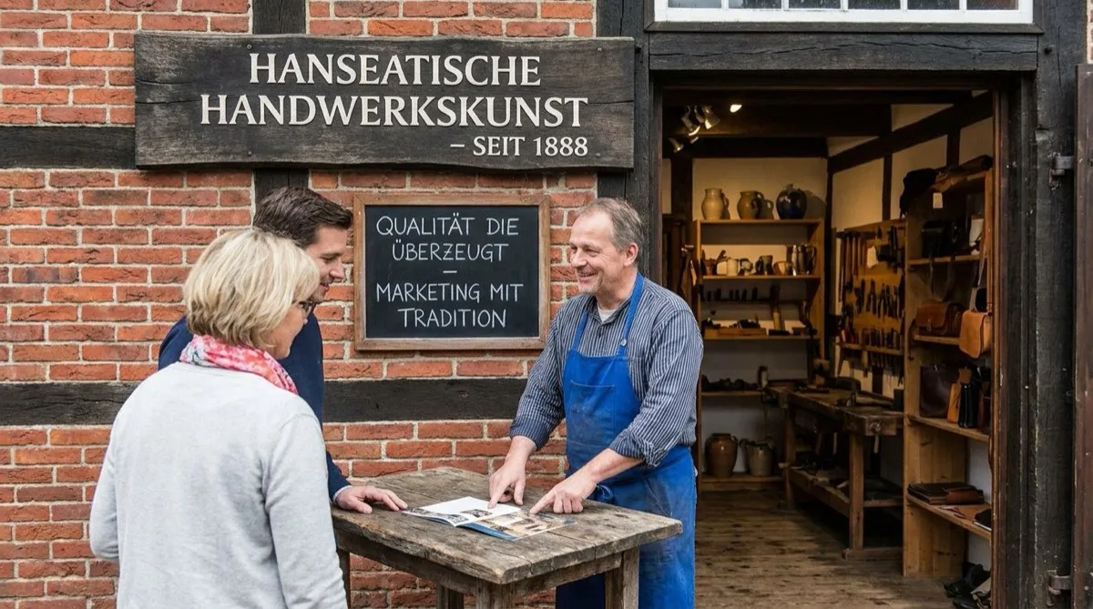 Handwerksmeister im Gespräch mit interessiertem Paar vor der Werkstatt mit Schild Hanseatische Handwerkskunst