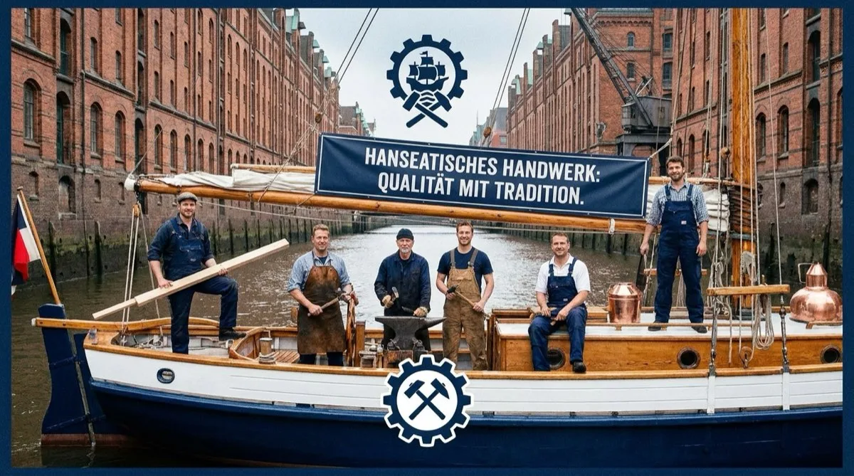 Team von Handwerkern gemeinsam auf einem Traditionssegler in der Hansestadt, sinnbildlich für gemeinsame Weiterbildung im Team
