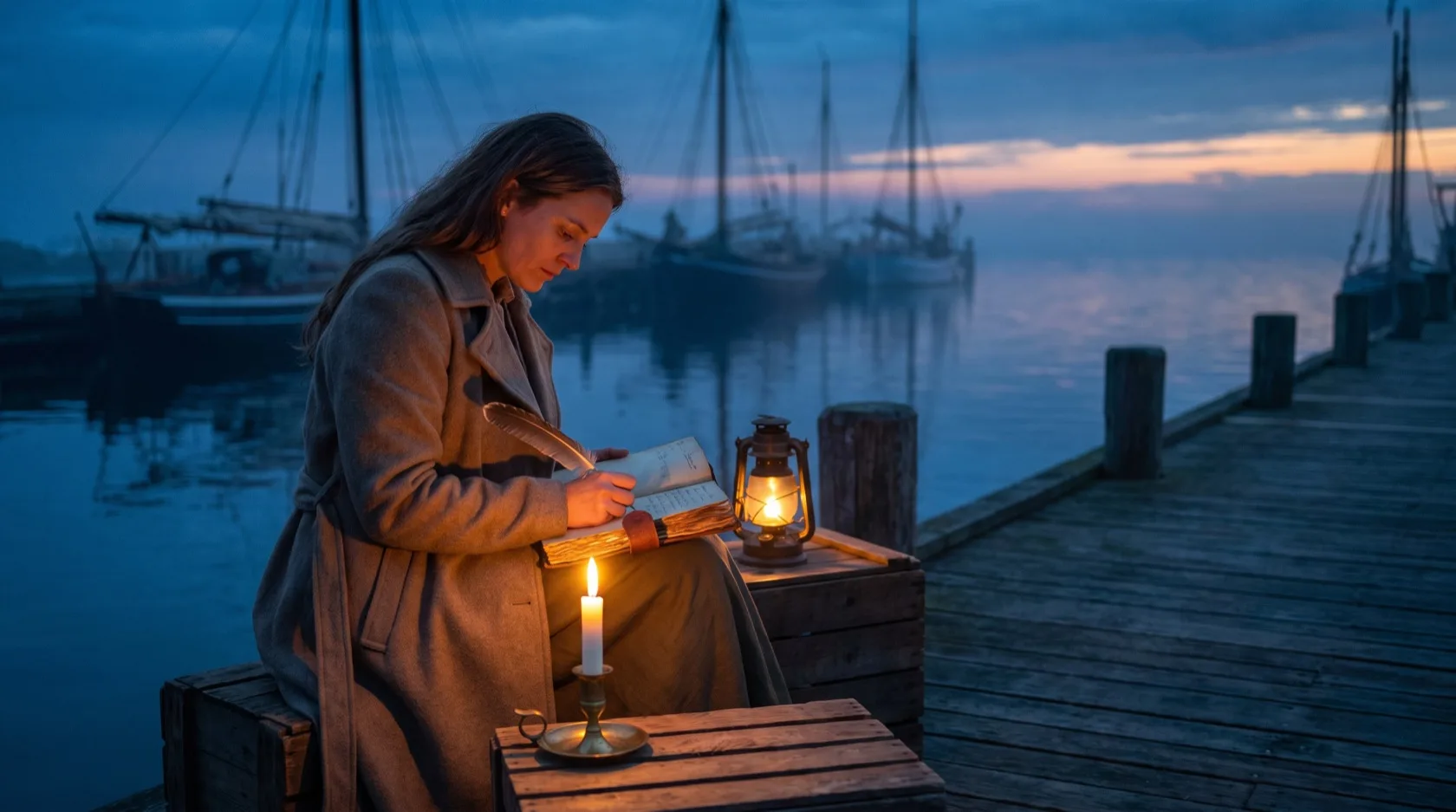 Eine Frau schreibt bei Kerzen- und Laternenlicht mit einer Feder in ein Buch, am Hafen in der blauen Dämmerung