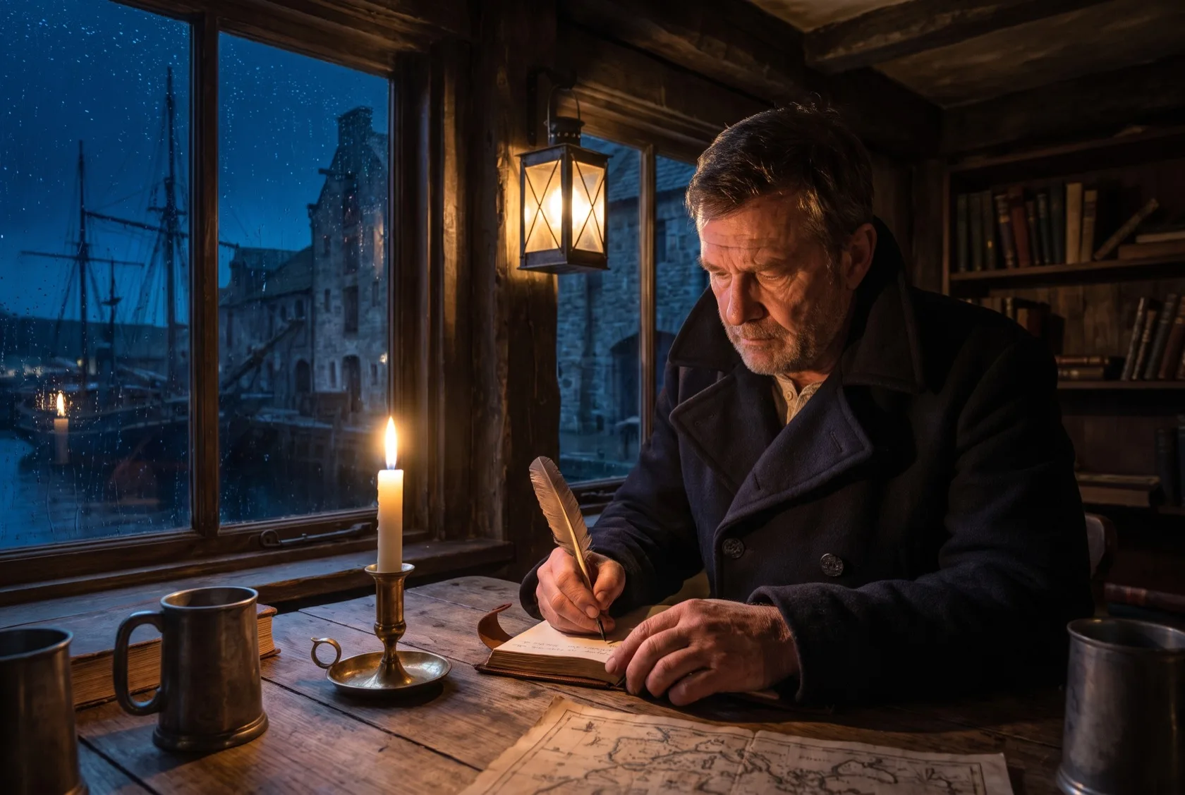 Ein Kapitän schreibt bei Kerzenlicht mit einer Feder in sein Journal, warmes goldenes Licht in tiefblauer Nacht