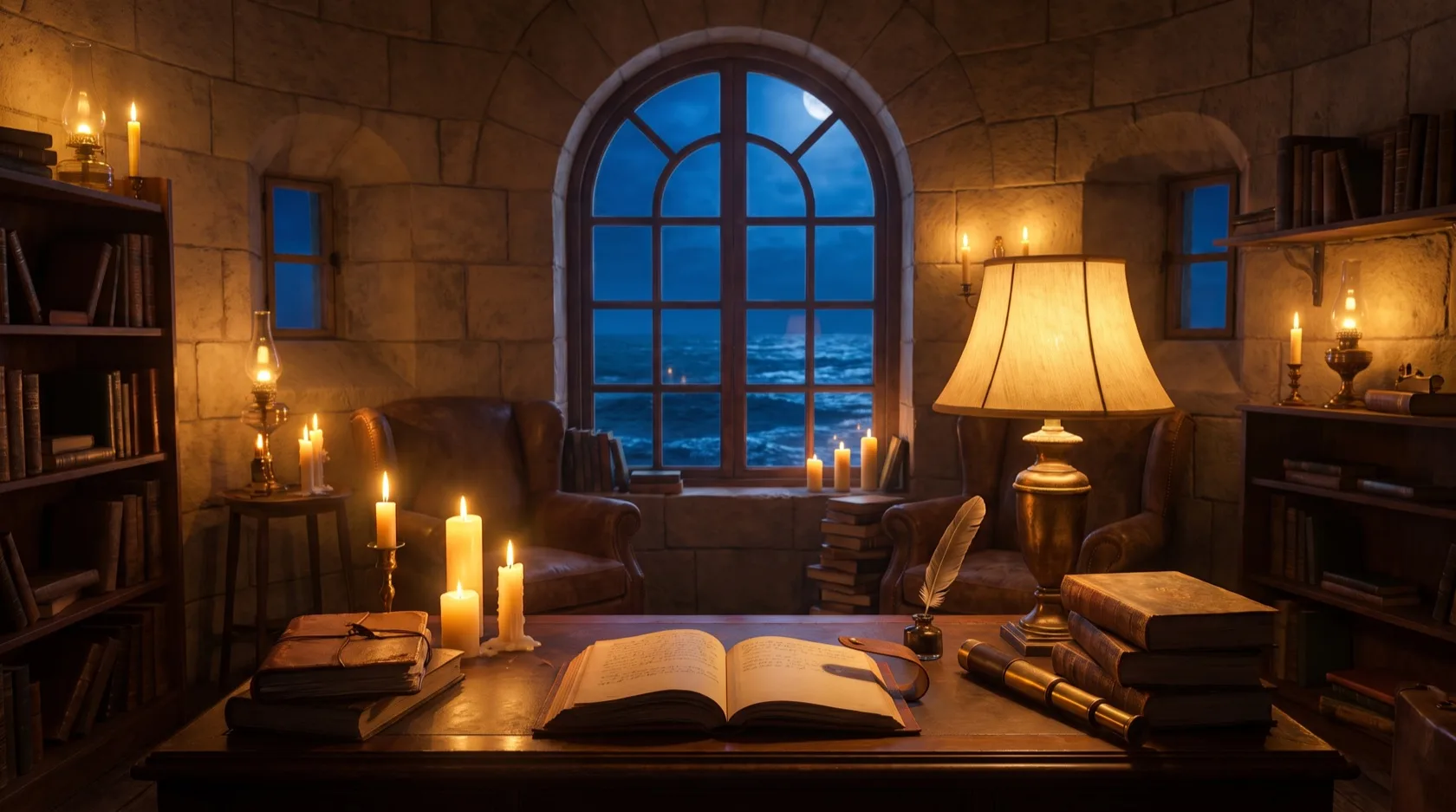 Gemütliche Schreibstube nachts in einem Leuchtturm mit Blick auf das mondbeschienene Meer, Kerzenlicht und ein aufgeschlagenes Buch