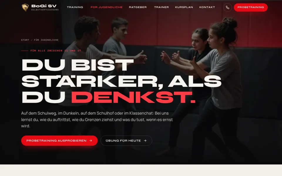 Seite Für Jugendliche am Desktop mit der Überschrift Du bist stärker, als du denkst, und einem Trainingsfoto in Rot, Screenshot vom 17.10.2026