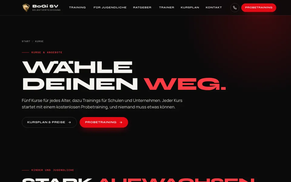 Seite Kurse von BoGi SV am Desktop mit der Überschrift Wähle deinen Weg und den Knöpfen Kursplan und Preise und Probetraining, Screenshot vom 17.10.2026