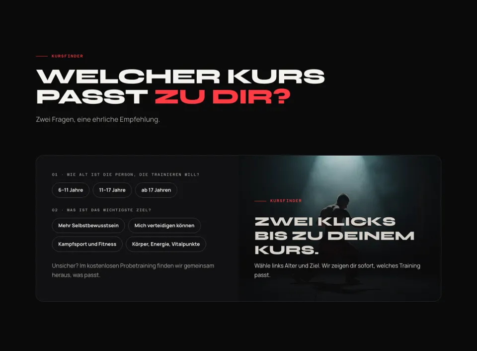 Abschnitt Welcher Kurs passt zu dir mit zwei Fragen zu Alter und Ziel als Auswahlknöpfe und dem Kasten Zwei Klicks bis zu deinem Kurs, Screenshot vom 17.10.2026