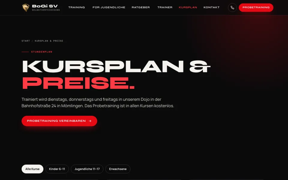 Seite Kursplan und Preise am Desktop mit großer Überschrift, Hinweis auf drei Trainingstage und Filtern nach Altersgruppe, Screenshot vom 17.10.2026