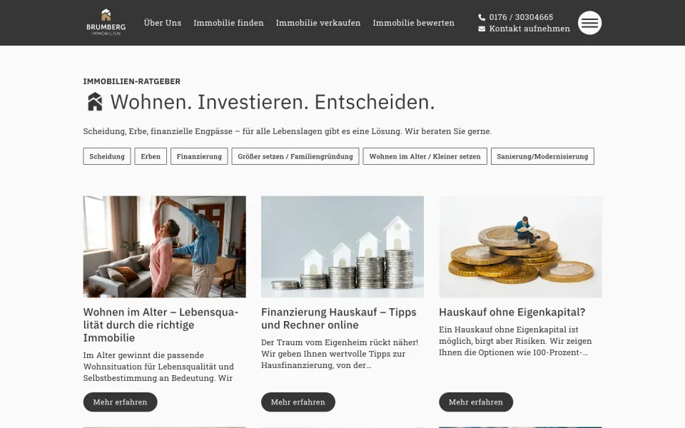 Seite Immobilien-Ratgeber am Desktop mit der Überschrift Wohnen. Investieren. Entscheiden. und Ratgeberkarten zu Wohnen im Alter, Hausfinanzierung und Hauskauf ohne Eigenkapital, Screenshot vom 17.10.2026