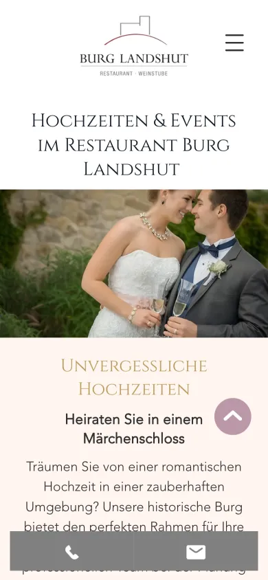 Seite Hochzeiten und Events auf dem Handy mit einem Brautpaar beim Anstoßen und der Überschrift Unvergessliche Hochzeiten, Screenshot vom 17.10.2026