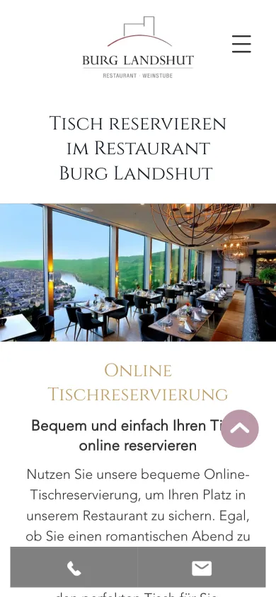 Seite Tisch reservieren auf dem Handy mit einem Foto des Restaurants mit Panoramafenstern über dem Moseltal und der Überschrift Online Tischreservierung, unten die Leiste mit Telefon und E-Mail, Screenshot vom 17.10.2026