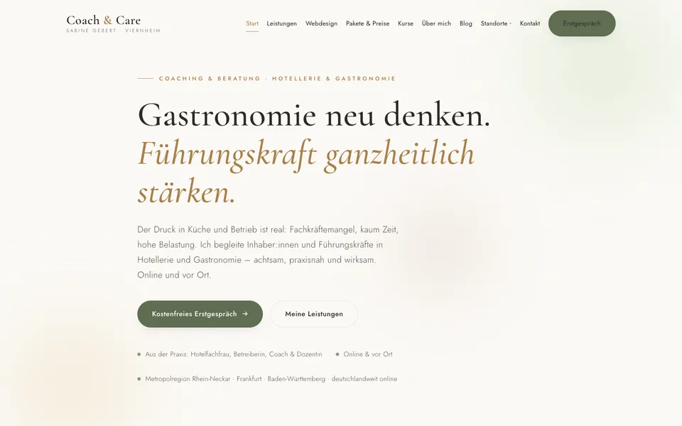 Startseite der Website von Coach & Care am Desktop, Screenshot vom 16.10.2026