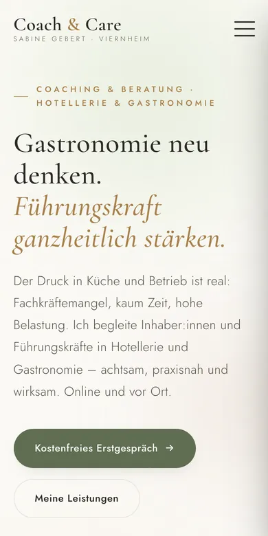 Startseite der Website von Coach & Care auf dem Handy, Screenshot vom 16.10.2026