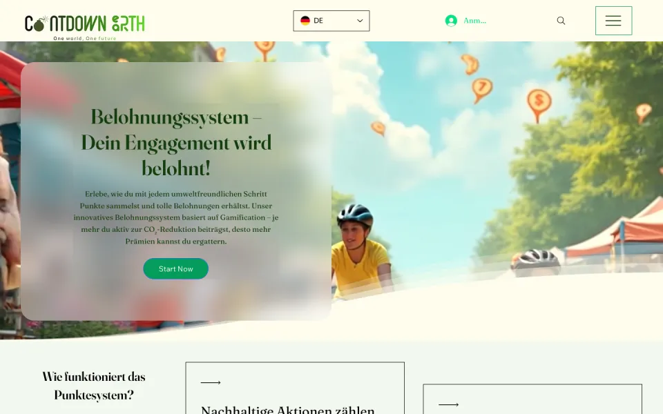 Seite Belohnungssystem am Desktop mit einem Radfahrer in der Stadt und der Karte Belohnungssystem, dein Engagement wird belohnt, Screenshot vom 17.10.2026