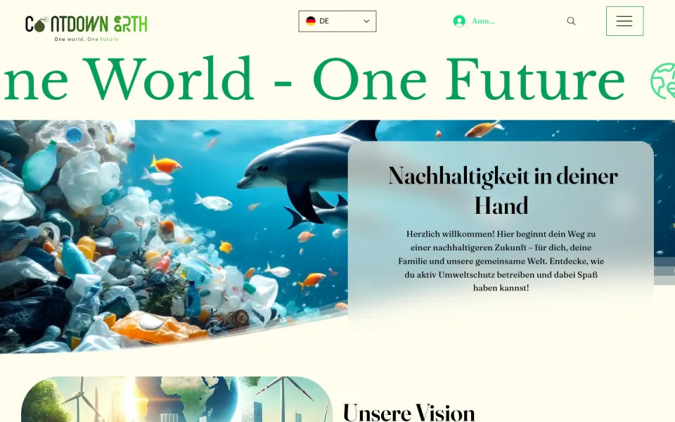Startseite von Countdown Earth am Desktop: grünes Laufband mit One World, One Future, darunter ein Unterwasserbild mit Plastikmüll und die Karte Nachhaltigkeit in deiner Hand, Screenshot vom 17.10.2026