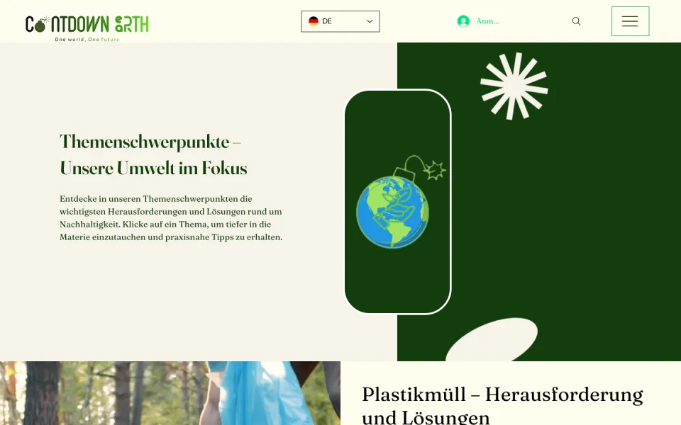 Seite Themenschwerpunkte von Countdown Earth am Desktop mit der Überschrift Themenschwerpunkte, unsere Umwelt im Fokus und einer dunkelgrünen Fläche mit Erdkugel-Grafik, Screenshot vom 17.10.2026