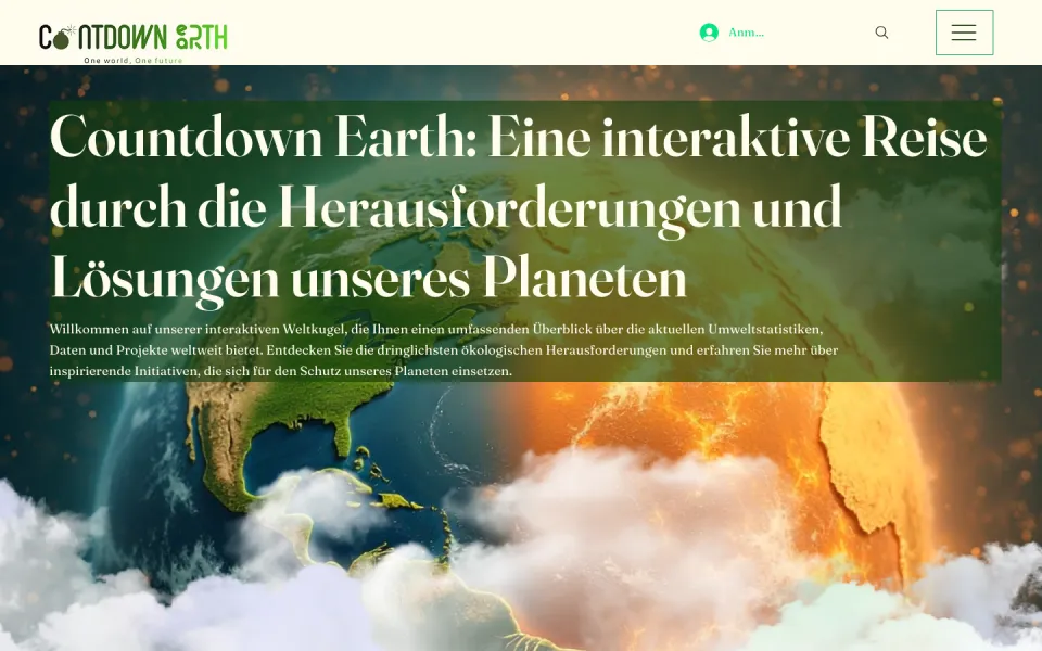 Seite Interaktive Weltkarte am Desktop mit der Überschrift Countdown Earth: Eine interaktive Reise durch die Herausforderungen und Lösungen unseres Planeten über einem Bild der Erde, Screenshot vom 17.10.2026