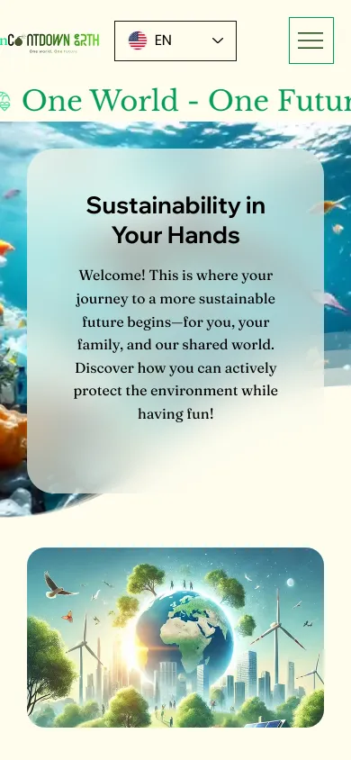 Englische Startseite von Countdown Earth auf dem Handy mit Sprachwahl EN und der Karte Sustainability in Your Hands, Screenshot vom 17.10.2026