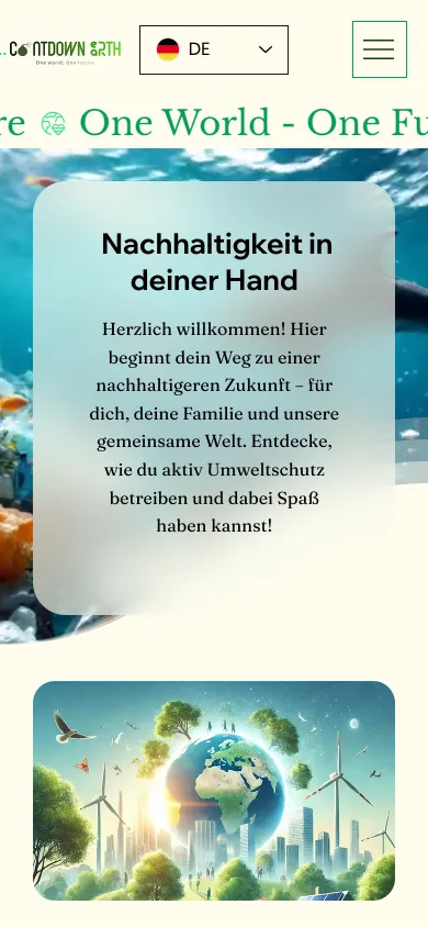 Dieselbe Startseite auf dem Handy mit Sprachwahl DE in der Kopfzeile und der Karte Nachhaltigkeit in deiner Hand, Screenshot vom 17.10.2026