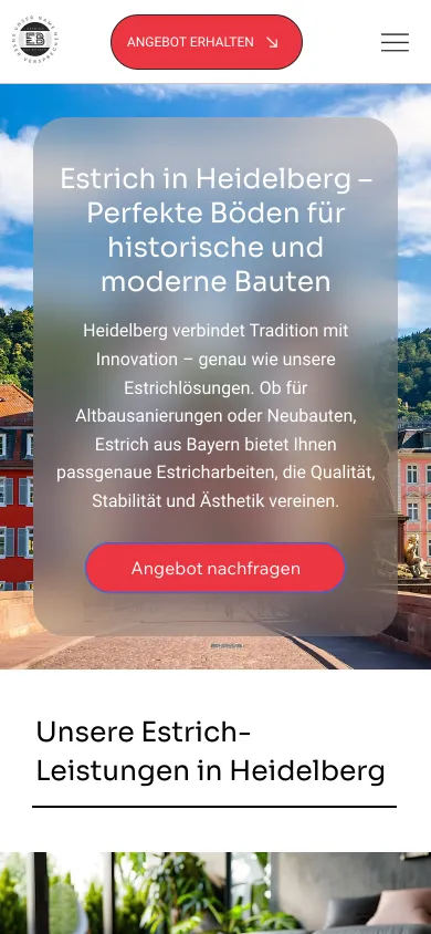 Standortseite Heidelberg auf dem Handy mit der Überschrift Estrich in Heidelberg über einem Foto der Altstadt, Screenshot vom 17.10.2026