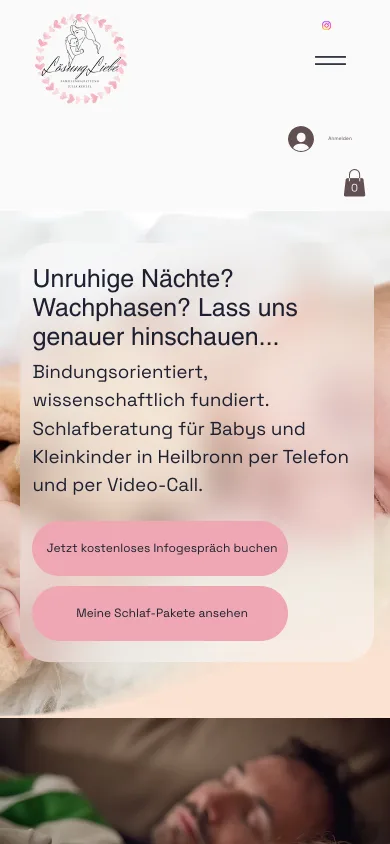 Seite Schlafberatung auf dem Handy mit der Überschrift Unruhige Nächte und den Knöpfen für ein kostenloses Infogespräch und die Schlaf-Pakete, Screenshot vom 27.10.2026