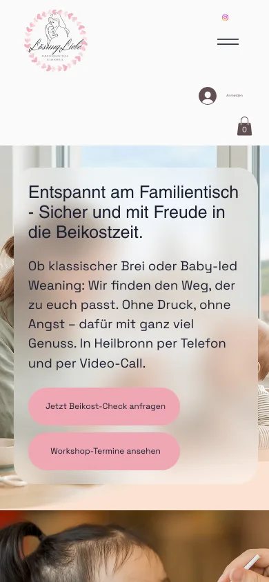 Seite Beikostberatung auf dem Handy mit der Überschrift Entspannt am Familientisch und den Knöpfen Beikost-Check anfragen und Workshop-Termine ansehen, Screenshot vom 27.10.2026
