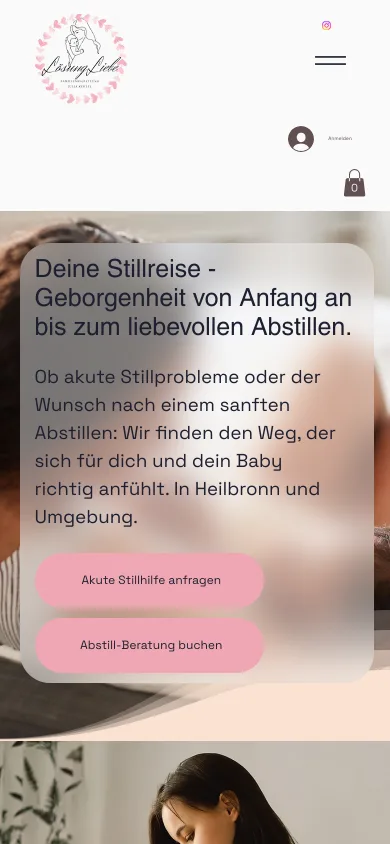 Seite Stillberatung auf dem Handy mit der Überschrift Deine Stillreise und den Knöpfen Akute Stillhilfe anfragen und Abstill-Beratung buchen, Screenshot vom 27.10.2026