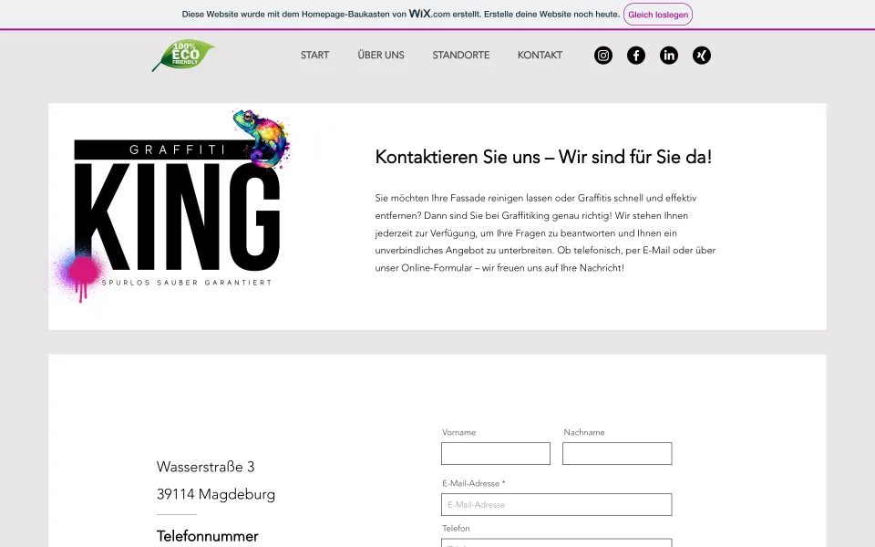 Kontaktseite am Desktop mit Logo, der Überschrift Kontaktieren Sie uns, Anschrift in Magdeburg und einem leeren Kontaktformular, Screenshot vom 27.10.2026