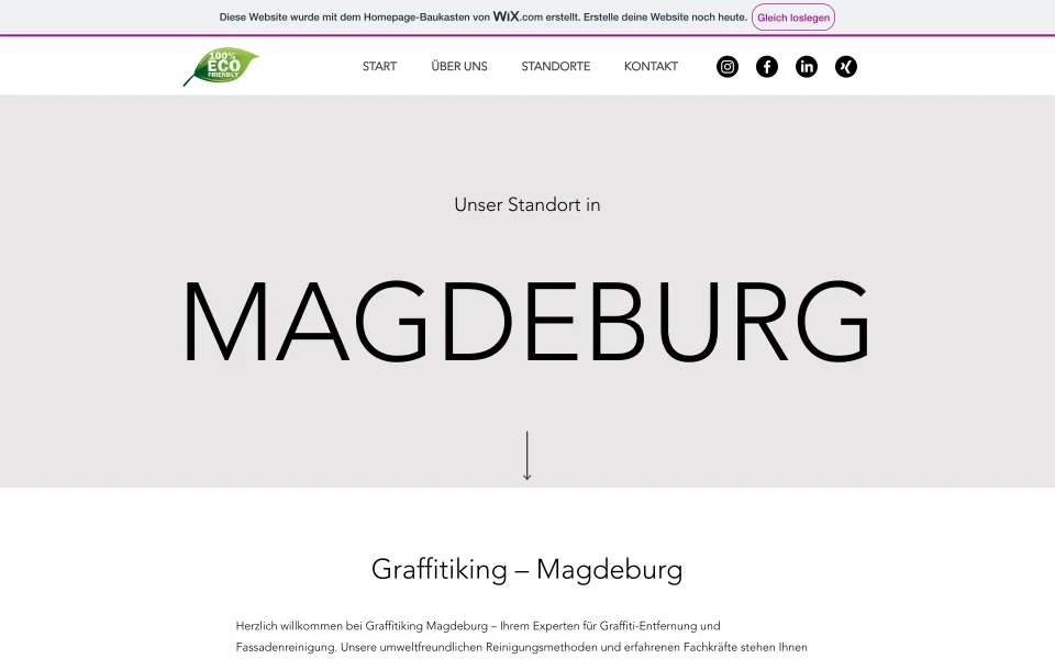 Standortseite Magdeburg am Desktop mit dem großen Schriftzug Magdeburg und darunter dem Abschnitt Graffitiking, Magdeburg, Screenshot vom 27.10.2026