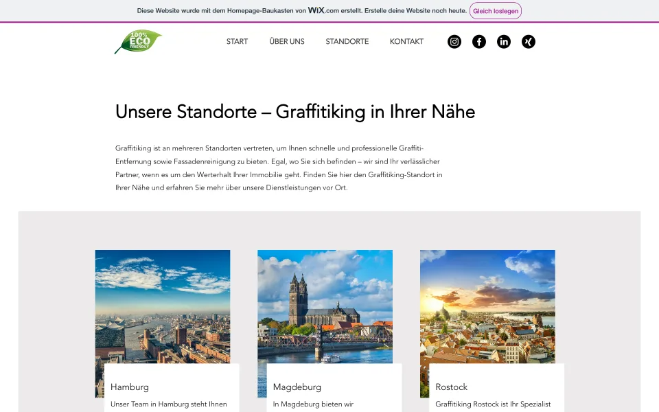 Seite Standorte am Desktop mit der Überschrift Unsere Standorte und Karten mit Stadtbildern von Hamburg, Magdeburg und Rostock, Screenshot vom 27.10.2026