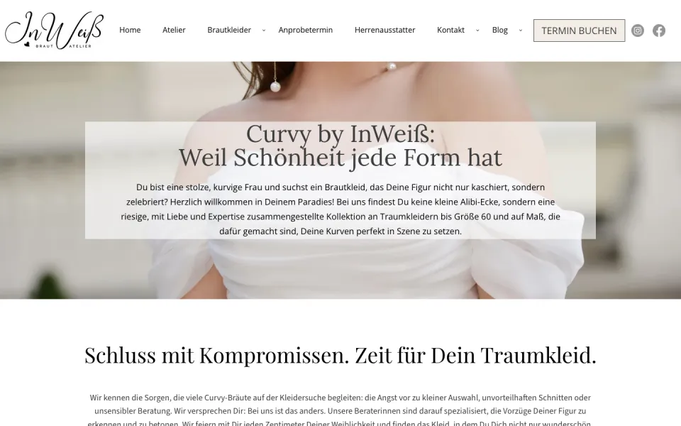 Seite Curvy-Brautmode am Desktop mit der Überschrift Curvy by InWeiß: Weil Schönheit jede Form hat über einem Brautfoto, darunter Schluss mit Kompromissen. Zeit für Dein Traumkleid., Screenshot vom 17.10.2026