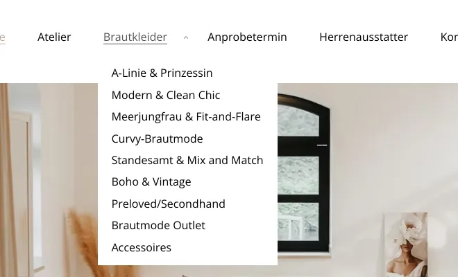 Hauptmenü des InWeiß Brautateliers mit geöffnetem Punkt Brautkleider: A-Linie und Prinzessin, Modern und Clean Chic, Meerjungfrau und Fit-and-Flare, Curvy-Brautmode, Standesamt und Mix and Match, Boho und Vintage, Preloved und Secondhand, Brautmode Outlet, Accessoires, Screenshot vom 17.10.2026