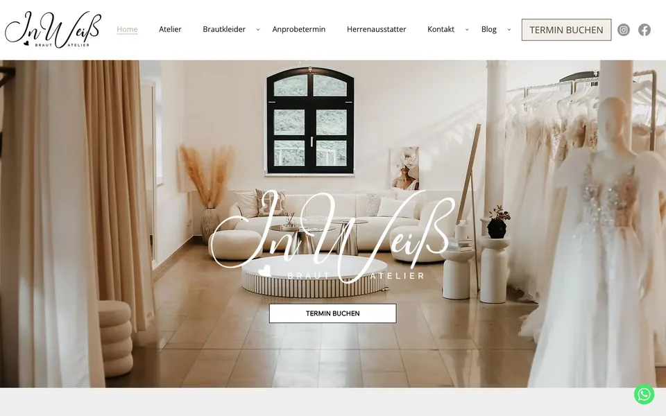 Startseite der Website von InWeiß Brautatelier am Desktop, Screenshot vom 17.10.2026