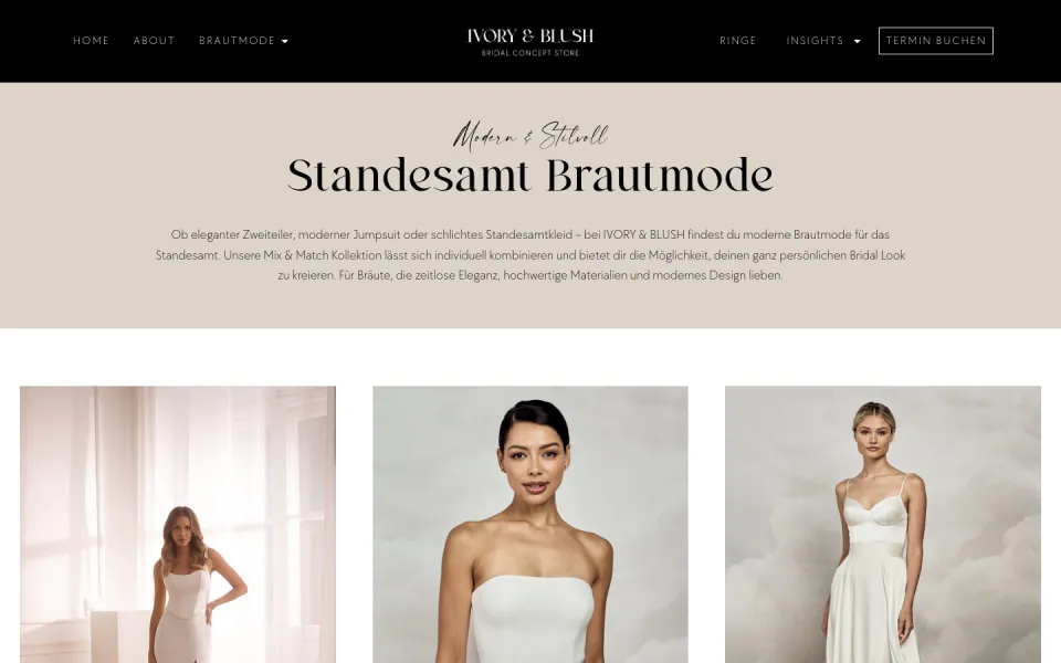 Seite Standesamt Brautmode am Desktop: heller Kopfbereich mit kurzer Einleitung, darunter Fotos von Bräuten in schlichten Kleidern und Zweiteilern, Screenshot vom 17.10.2026