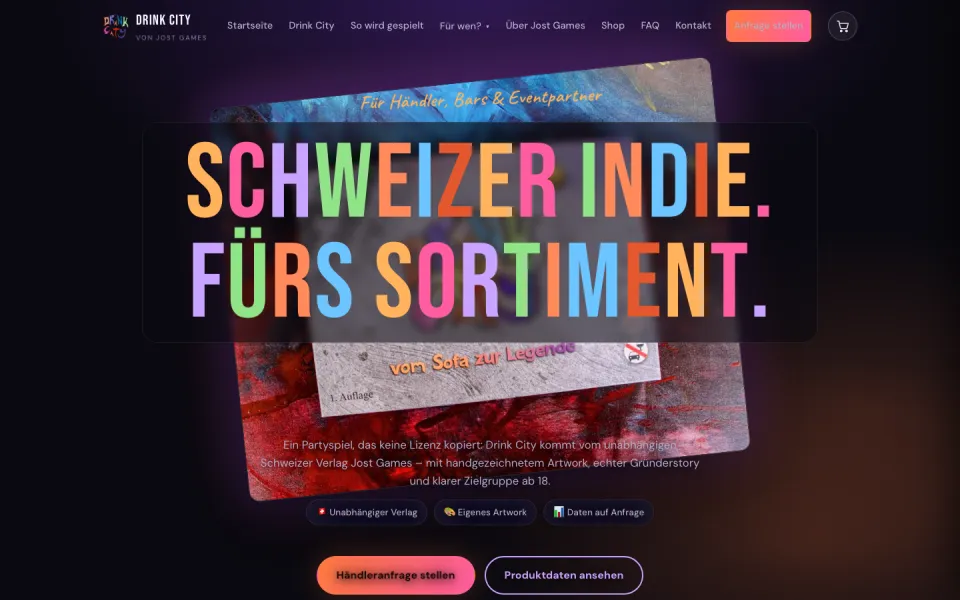 Seite Händler und Bars am Desktop mit dem bunten Schriftzug Schweizer Indie. Fürs Sortiment. und den Knöpfen Händleranfrage stellen und Produktdaten ansehen, Screenshot vom 17.10.2026