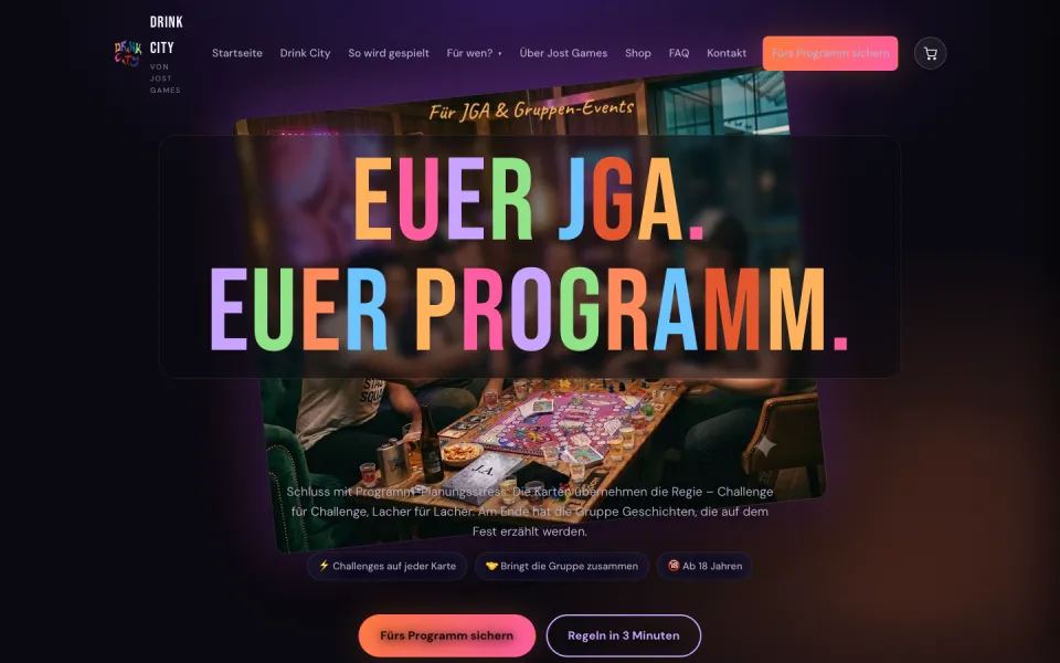 Seite JGA und Events am Desktop mit dem bunten Schriftzug Euer JGA. Euer Programm. und den Knöpfen Fürs Programm sichern und Regeln in 3 Minuten, Screenshot vom 17.10.2026