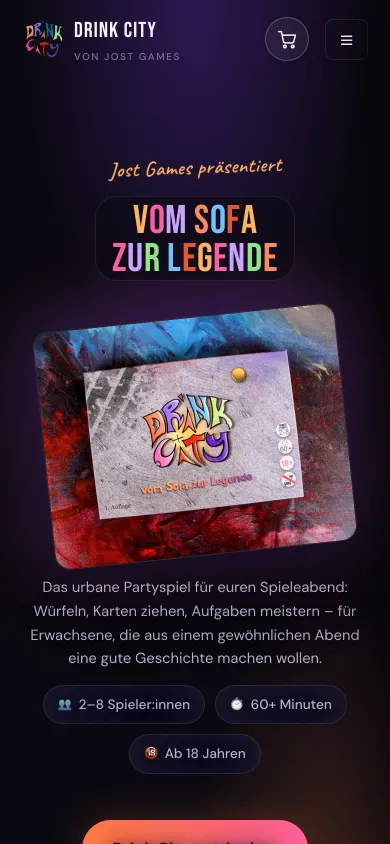Dieselbe Startseite auf dem Handy mit Logo, Warenkorb, dem Schriftzug Vom Sofa zur Legende und der Spielschachtel, Screenshot vom 17.10.2026