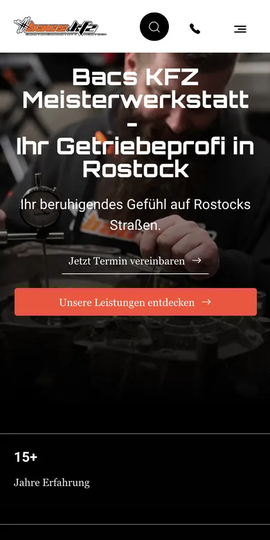 Startseite der Website von KFZ Bacs auf dem Handy, Screenshot vom 16.10.2026
