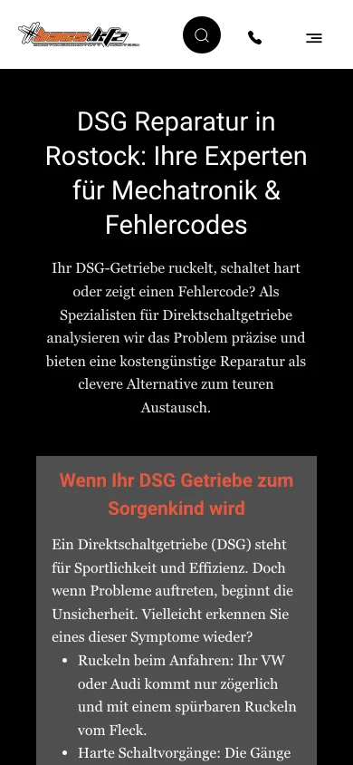 Seite DSG Reparatur auf dem Handy mit der Überschrift DSG Reparatur in Rostock, Ihre Experten für Mechatronik und Fehlercodes, darunter ein Kasten mit typischen Symptomen, Screenshot vom 17.10.2026