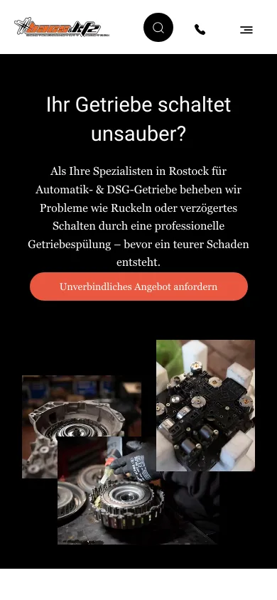 Seite Getriebeprofi auf dem Handy mit der Überschrift Ihr Getriebe schaltet unsauber, einem Erklärtext, dem Knopf Unverbindliches Angebot anfordern und Fotos von Getriebeteilen, Screenshot vom 17.10.2026