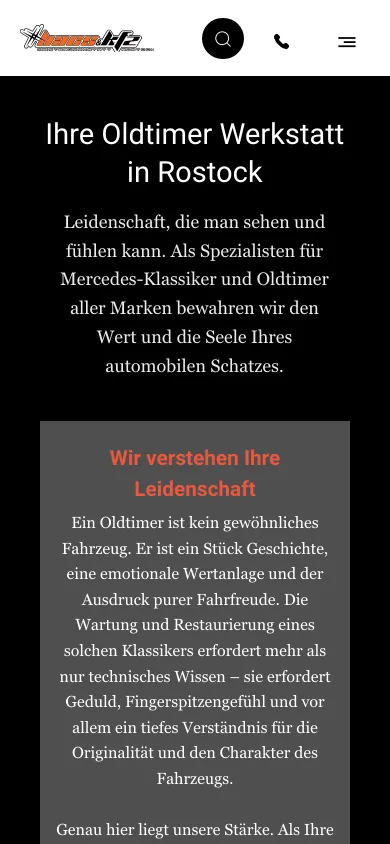 Seite Oldtimer Werkstatt auf dem Handy mit der Überschrift Ihre Oldtimer Werkstatt in Rostock und dem Kasten Wir verstehen Ihre Leidenschaft, Screenshot vom 17.10.2026