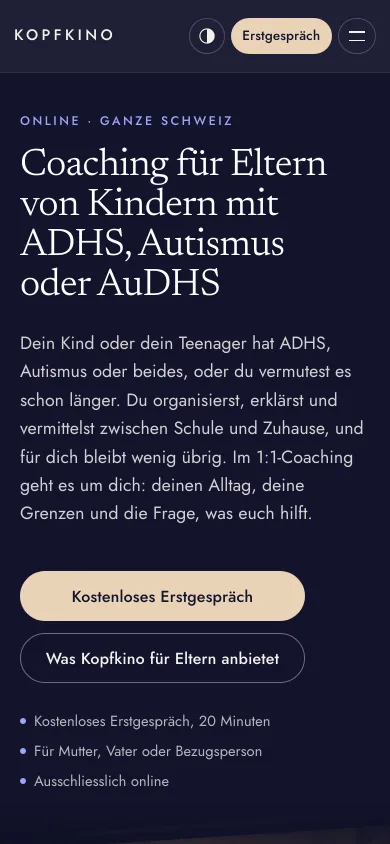 Seite Coaching für Eltern von Kindern mit ADHS, Autismus oder AuDHS auf dem Handy, mit Einleitung und Knopf zum Erstgespräch, Screenshot vom 17.10.2026