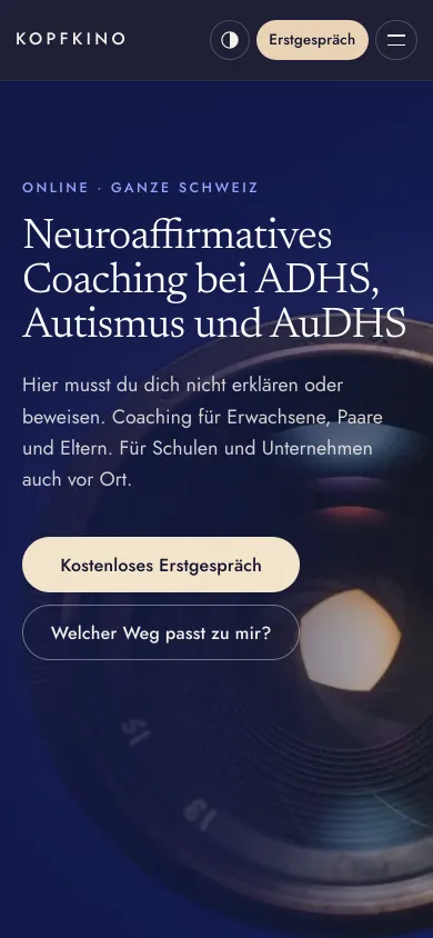 Dieselbe Startseite auf dem Handy mit Überschrift und den beiden Knöpfen, Screenshot vom 17.10.2026